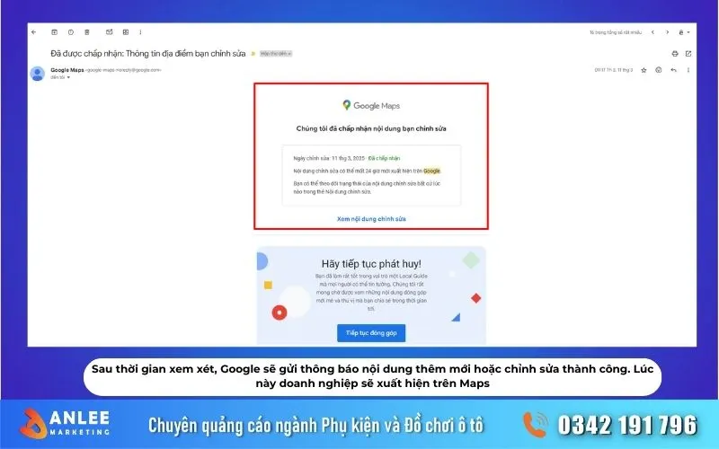 Cách tạo địa điểm trên google maps cho ngành phụ kiện ô tô 16 Khi tạo địa điểm trên google maps cho ngành phụ kiện ô tô thành công, anh em sẽ nhận được Email thông báo