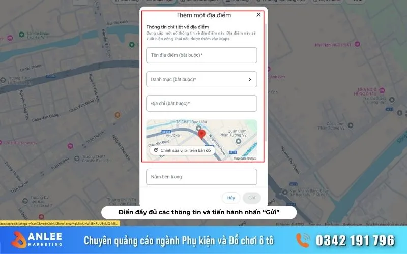 Cách tạo địa điểm trên google maps cho ngành phụ kiện ô tô 18 Tương tự như trên điện thoại, điền đầy đủ các thông tin vào trang doanh nghiệp để tối ưu hiển thị và cung cấp thông tin đến khách hàng