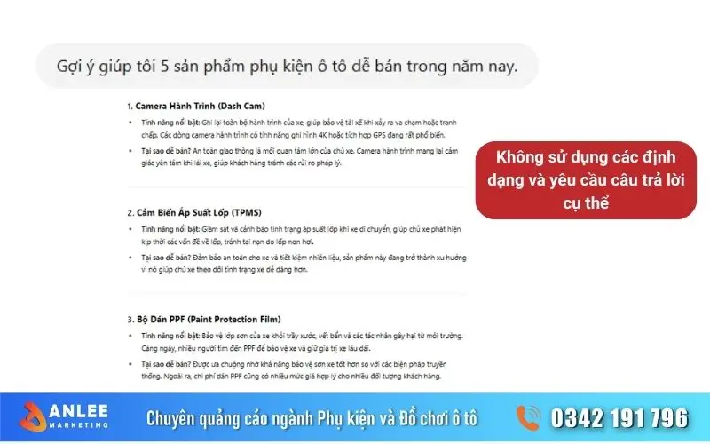 Khi hỏi ChatGPT nhưng không đưa ra yêu cầu cụ thể có thể làm cho kết quả khó đọc, không đúng như định dạng cần đăng trên các nền tảng Online