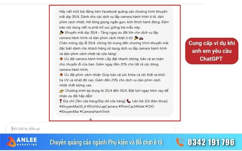 Anh em cung cấp ví dụ đầy đủ về văn phong, định dạng. Chat GPT có thể bắt chướt và viết theo như ví dụ đó