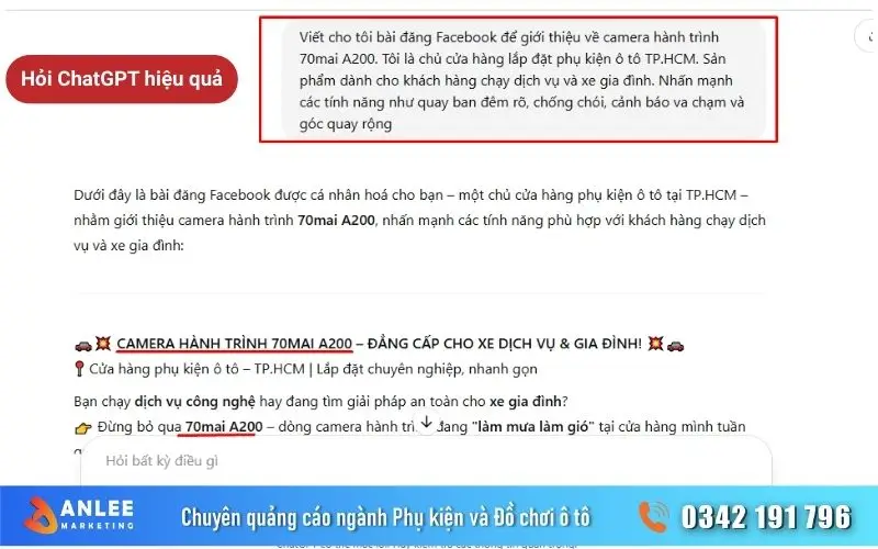 ChatGPT được cung cấp đủ thông tin sẽ cho ra câu trả lời hoàn thiện và đúng chi tiết vào sản phẩm, dịch vụ của anh em