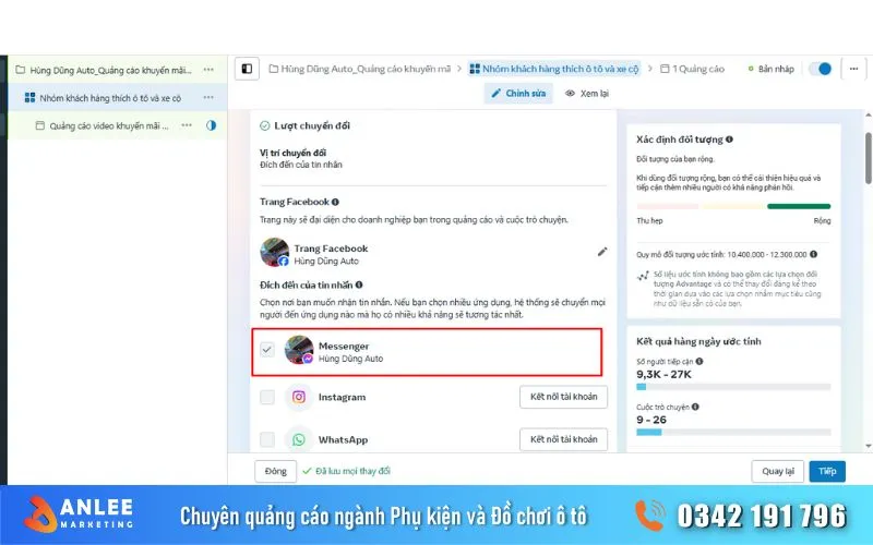 Giao diện thiết lập nhóm quảng cáo. Bao gồm target khách hàng mục tiêu, chọn fanpage, ngân sách, thời gian chạy,...