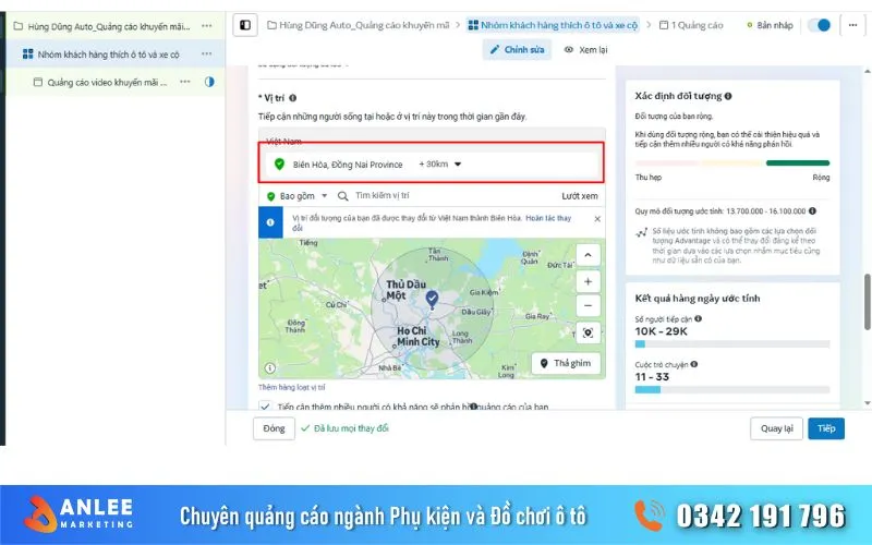 Anh em chọn vị trí quảng cáo quanh khu vực kinh doanh của mình, có thể thay đổi phạm vị phù hợp