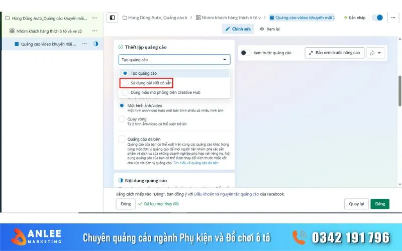 Anh em có thể chọn bài viết đã đăng trên page trước đó hoặc tạo quảng cáo mới để tiện cho việc theo dõi