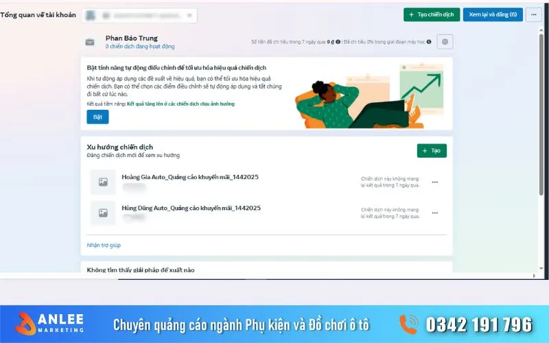 Trong hướng dẫn cách chạy quảng cáo Facebook ngành phụ kiện ô tô. Anh em phải vào được giao diện trình quảng lý quảng cáo Facebook 2025