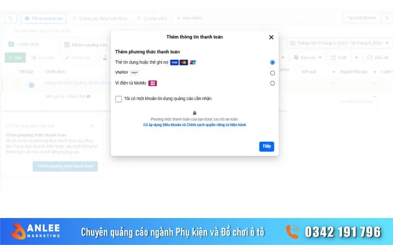 Thêm các thông tin và phương thức thanh toán trước khi bắt đầu chiến dịch