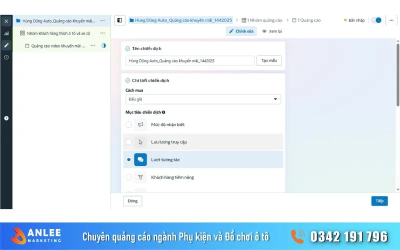 Giao diện cài đặt chiến dịch quảng cáo trên Facebook