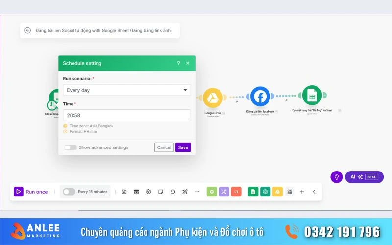 Cài đặt thời gian đăng bài mỗi ngày trong make.com để hệ thống tự động đăng bài lên Fanpage