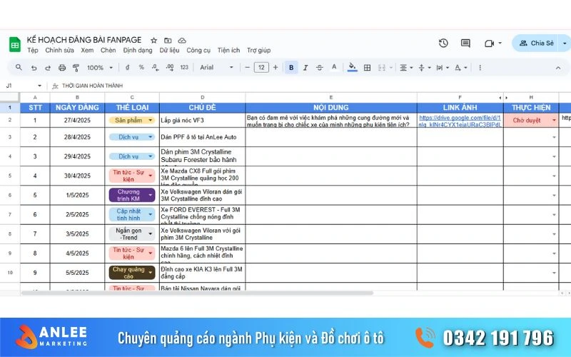 File Google Sheet gồm các thông tin về thông tin sản phẩm, dịch vụ để kết nối cùng make.com