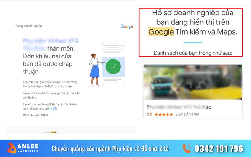 Quá trình kháng cáo thành công, Google sẽ thông báo tình trạng doanh nghiệp được hiển thị