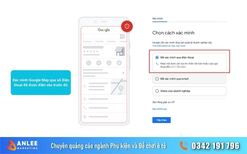 Chọn phương thức xác minh qua mã gửi về điện thoại