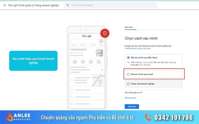 Chọn phương thức xác minh qua Email trong 3 phương thức Google cung cấp