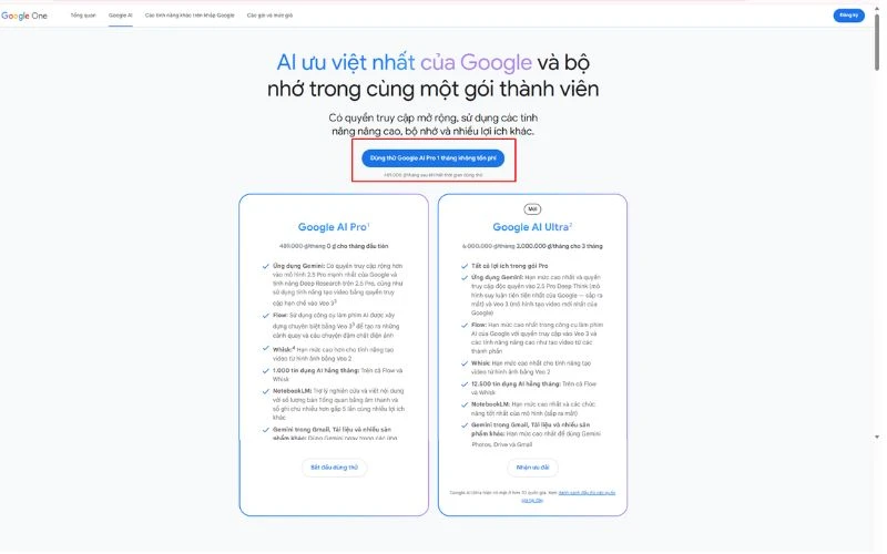 Đăng ký tài khoản Google AI Pro để được trải nghiệm miễn phí 1 tháng