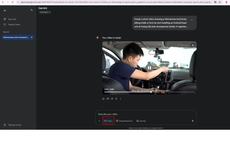 Truy cập vào công cụ AI Gemini của Google để kiểm tra chức năng tạo video đã có hay chưa (Khoanh đỏ)