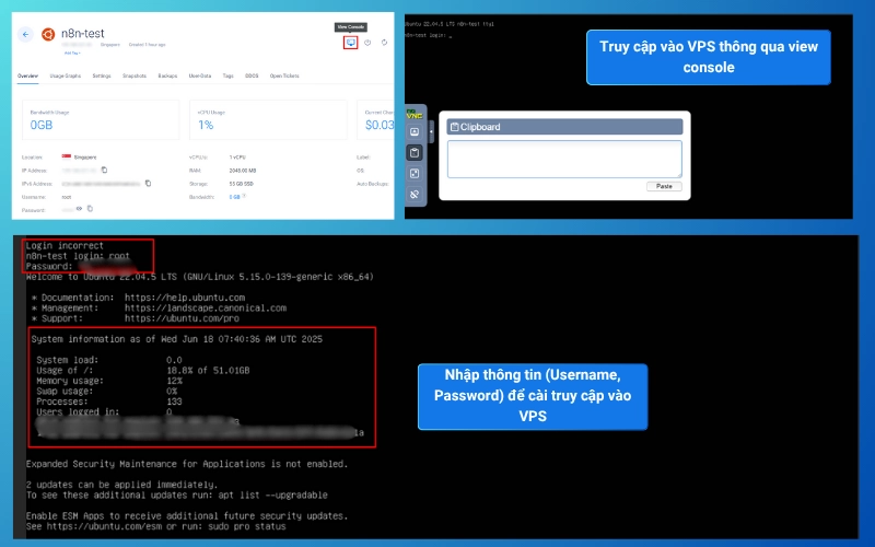 Truy cập view console trong quản trị của Vultr, dể thực hiện đăng nhập vào VPS 