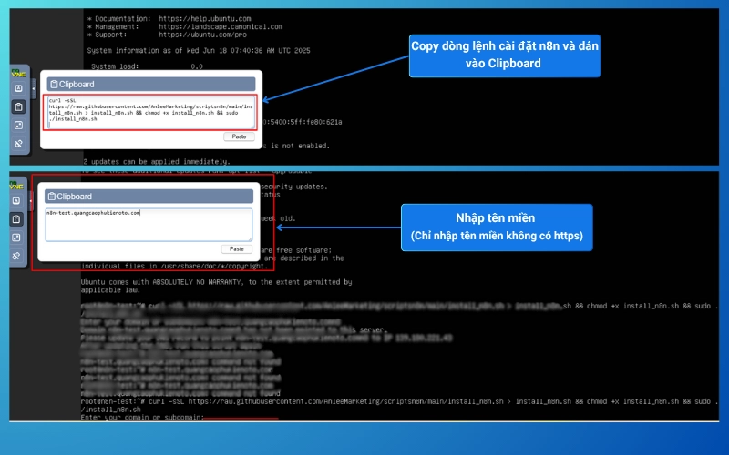 Copy và dán đoạn mã cài đặt n8n lên VPS Anlee đã cung cấp vào , sau đó nhập tên miền đã trỏ về VPS lúc nãy và nhấn enter