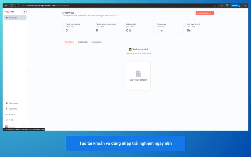 Hoàn tất quá trình cài đặt n8n lên VPS. Bạn chỉ cần tạo tài khoản và sử dụng 