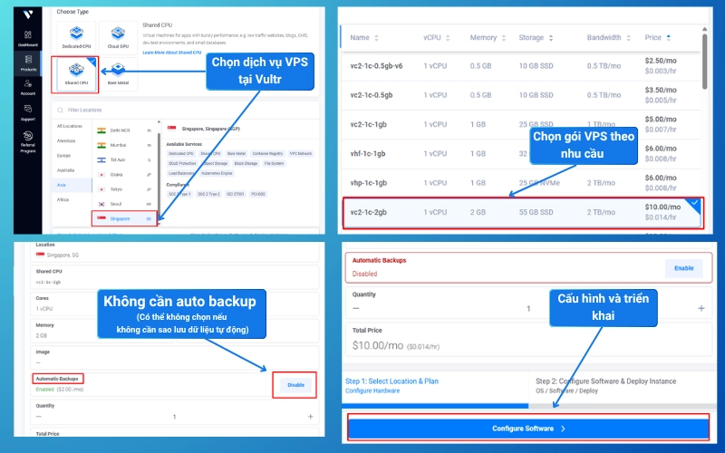 Thực hiện chọn nơi đặt máy chủ và chọn cấu hình phù hợp để cài đặt n8n lên VPS