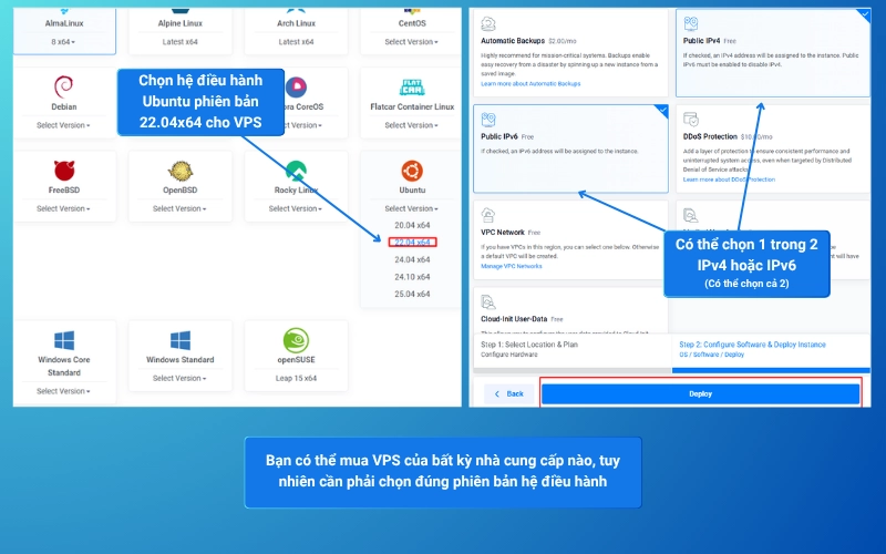 Tiếp tục chọn phiên bản hệ điều hành và IP sau đó tiến hành tạo VPS mới