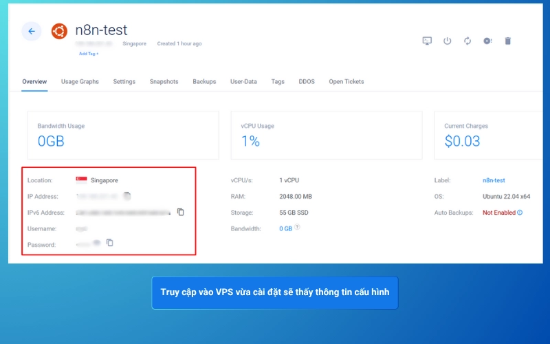 Bạn nhấp vào VPS vừa tạo để xem toàn bộ thông tin