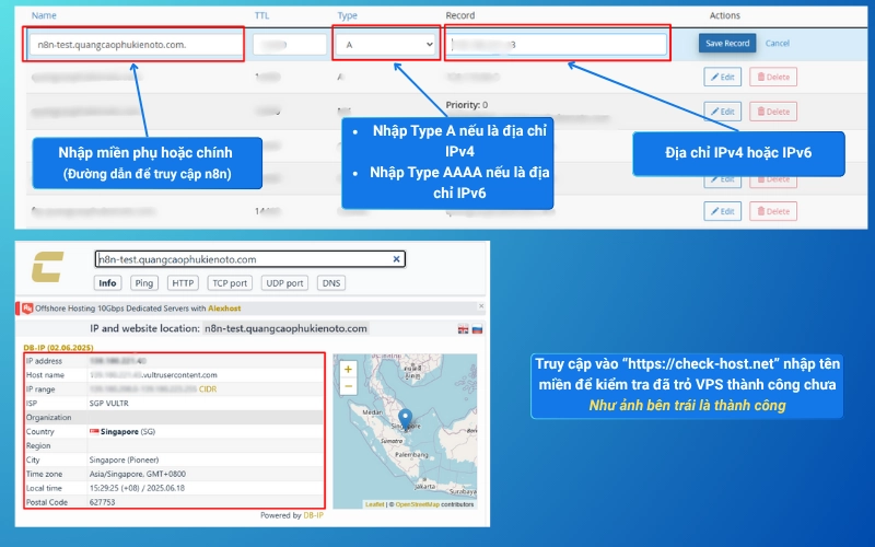 Truy cập vào quản trị tên miền để thêm cấu hình DNS hay còn gọi là trỏ IP về VPS. Sau khi trỏ hãy kiểm tra xem địa chỉ đã được cập nhật chưa